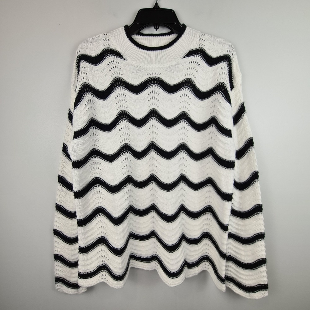 Merokeety Black White Scalloped Striped Loose Knit Pullover Light Sweater Large